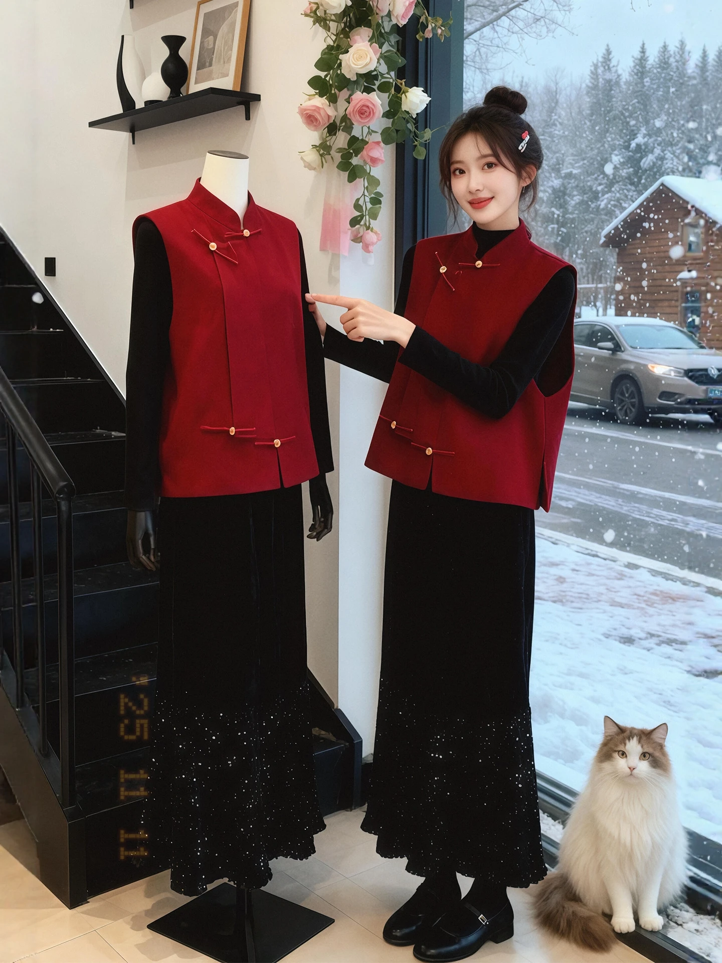 

Red Unique Chinese Sle Tee-Piece Set Women's Jaet Skirt Ensemble Winter Faion plus Size Beautiful High Waist Design