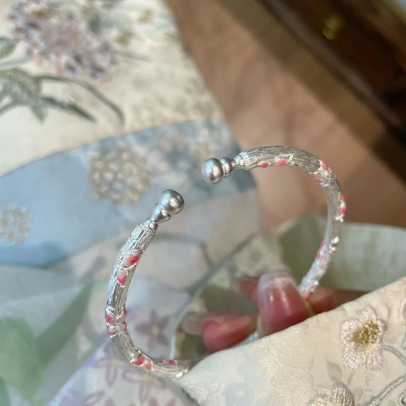999.9 Ancient Enamel Mouth Gourd New Sterling Silver Bangle Bracelet