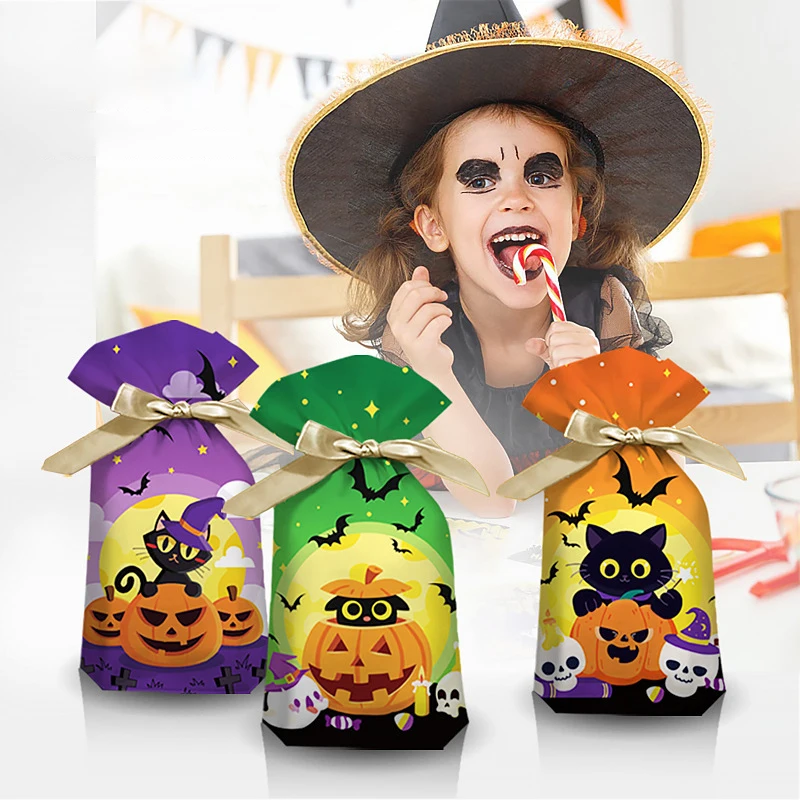 50/100PC Halloween Cellophane Treat Bags Pumpkin Witch Patterned Storage Bags Goodie Bag With Twist Ties For Halloween Favor