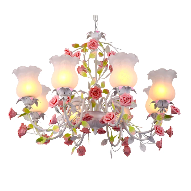 Modern White Pink Rose European Chandelier Lighting Decorative Pendant Hanging Lamp Iron Crystal Chandelier Dining Room Lighting
