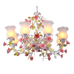 Modern White Pink Rose European Chandelier Lighting Decorative Pendant Hanging Lamp Iron Crystal Chandelier Dining Room Lighting