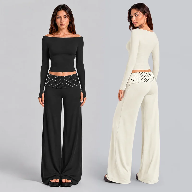 Women Fitness 2Pcs Set Off Shoulder Long Sleeve Slim Crop Top Polka Dot Waistband Flared Straight Leg Pants Outfit Sports Wear