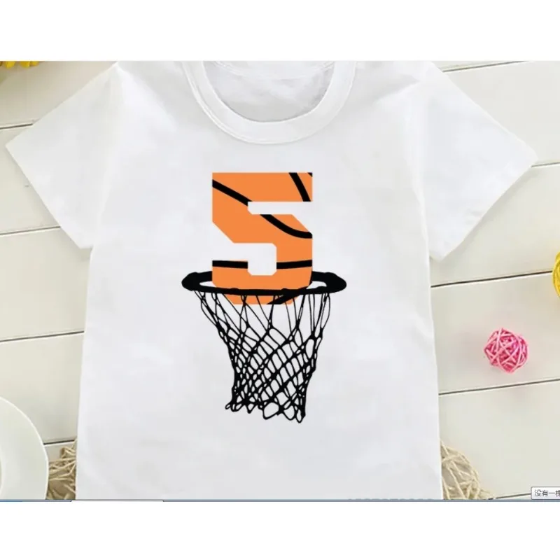 Camisetas divertidas con números de cumpleaños de baloncesto para niños, camisetas con estampado de disparos en la red, Top para niños