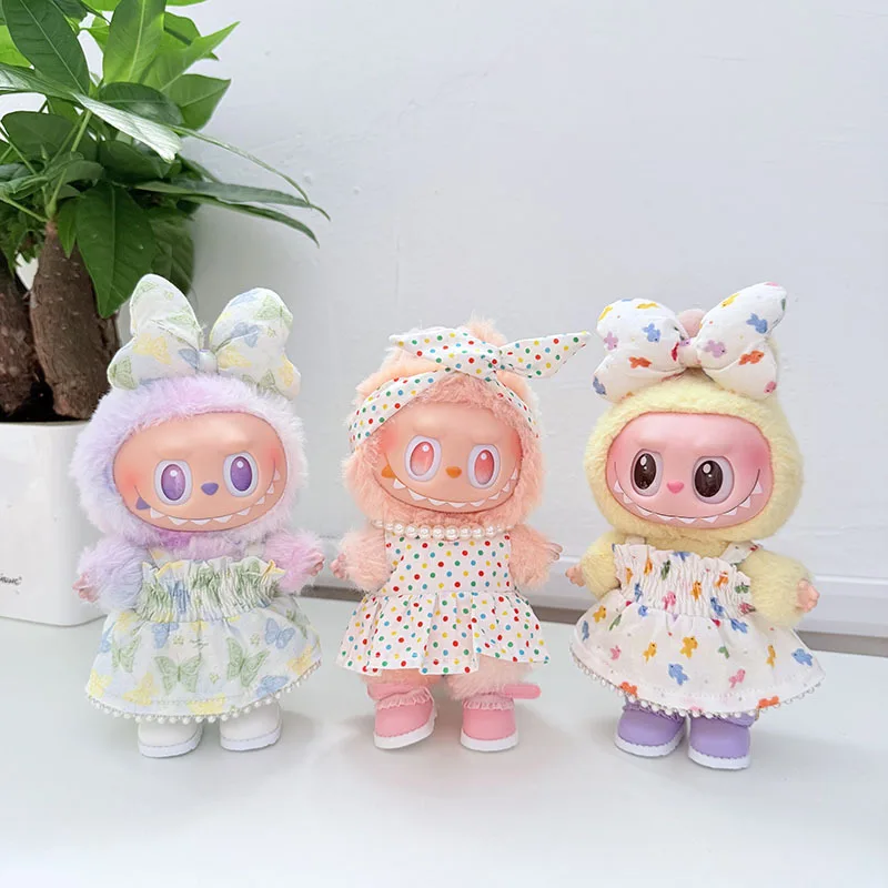 

15/17cm Labubu 1st-3rd Gen Dolls Spring Fresh Adorable Outfit Multicolor Floral Polka Dot Dresses Paired With Cardigan Straw Hat