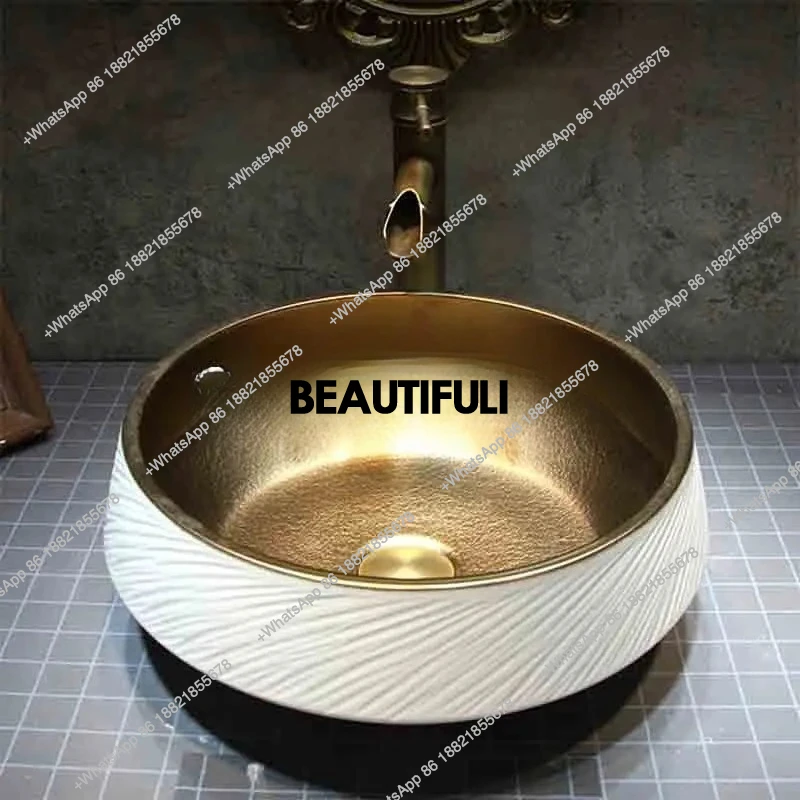 

Round Golden Basin With Faucet Drainer Household Ceramic Basin European Washbasin Luxury Countertop Sinks 40*40cm