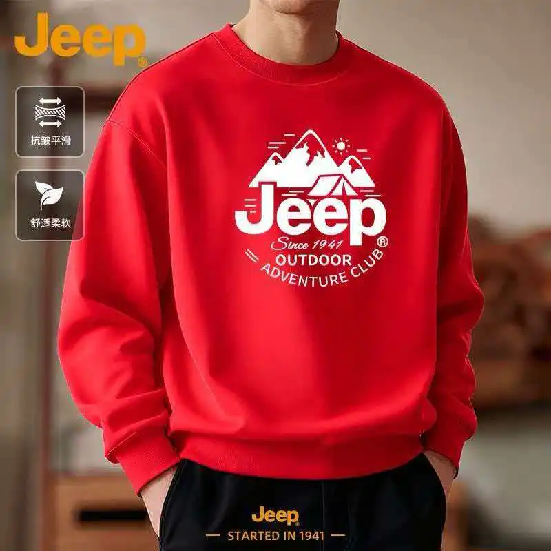 2026 New Arrival JEEP Men's Loose Printed Sweatshirt, Crew Neck Capless Hoodie, Spring Autumn Casual White Versatile Outerwear