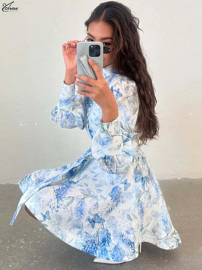 Oymimi Casual Blue Print Womens Dresses Fashion Long Sleeve Single Breasted Lace-Up Dresses Elegant A-Line Mini Dress Streetwear