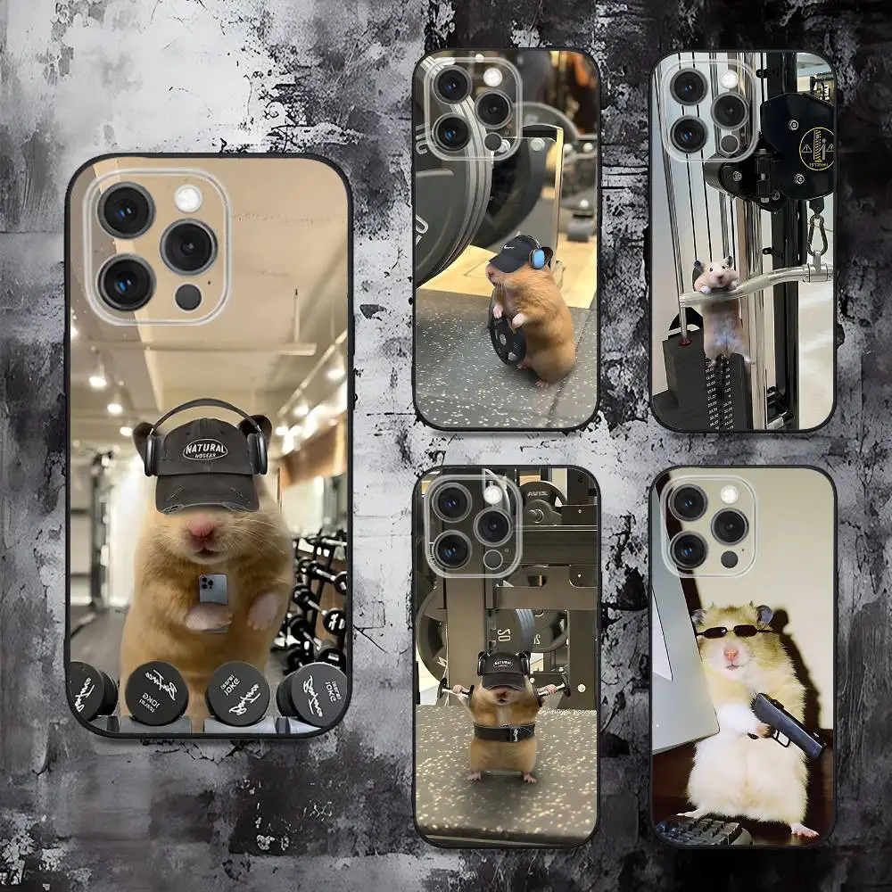 

Cute Gym Hamster Phone Case For iPhone 16,15,14,13,12,11,Pro,Max,Plus,X,XS,SE,E,Mini,Soft Silicone Black Case