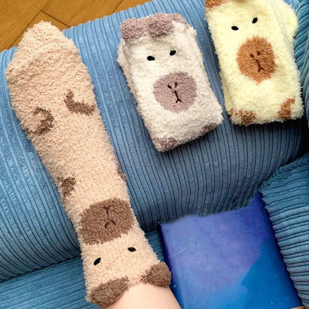 

5Pairs Sweet Plush Capybara Fleece Socks Warm Soft Sleeping Socks Women Hosiery Thicken Coral Fleece Socks Fall Winter