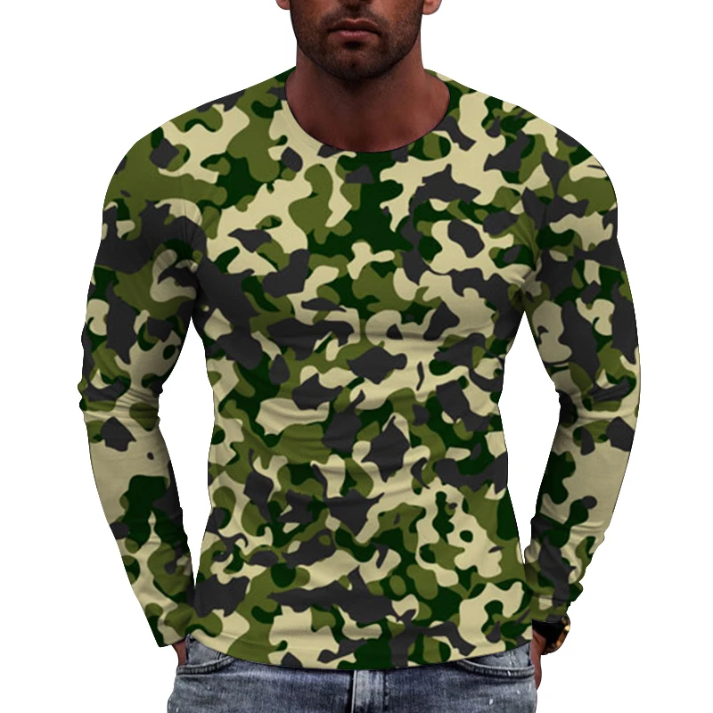 New European Camouflage Picture  Men long sleeved T-shirt Casual Printed Tees Hip-hop Personality Round Neck Quick-Dry Tops