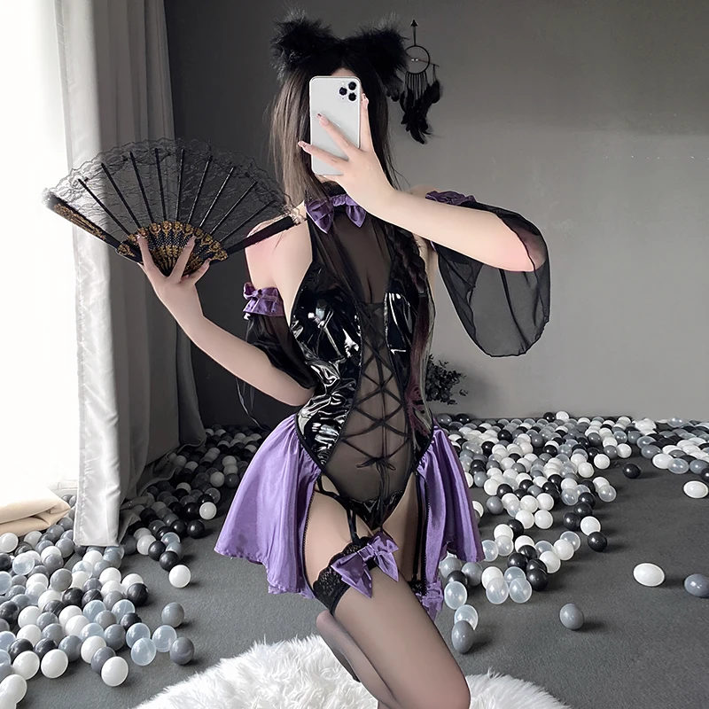 Women Sexy Pajama Lingerie Costumes Set Cosplay Halloween Dress Backless Latex Bodysuit Anime Leather Halter Neck Mesh Patchwork