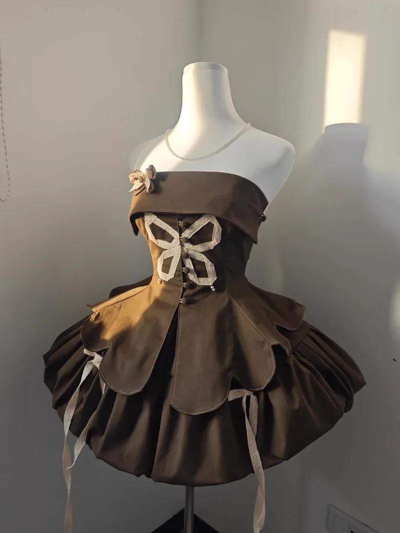 

Summer New Lolita Dress Bow Irregular Strapless Top Backless Fluffy Floral Bud Skirt Two Piece Sets Sexy Mini Skirt Y2k Skirts