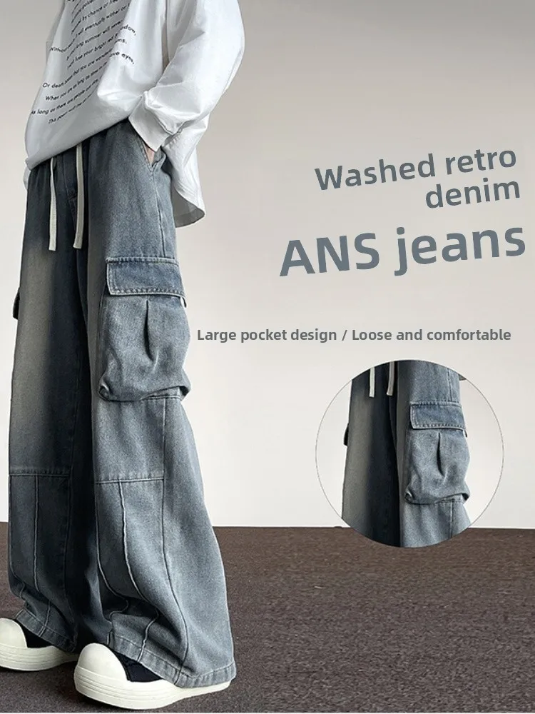 

Loose Men's Workwear Jeans High Street Sle Summer Thin American Retro Wide Leg Pants Long Trousers Cotton Polyester Blend