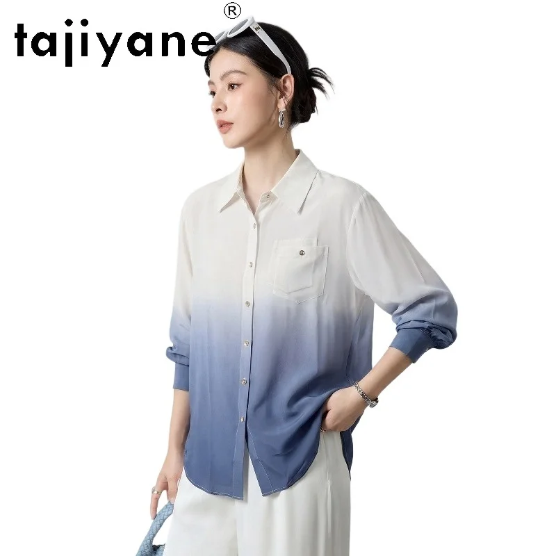 

TAJIYANE 100% Mulberry Silk Shirts Woman Ombre Gradient Long Sleeve Spring Blouse Casual Office Tops 2026 Women Clothes рубашка