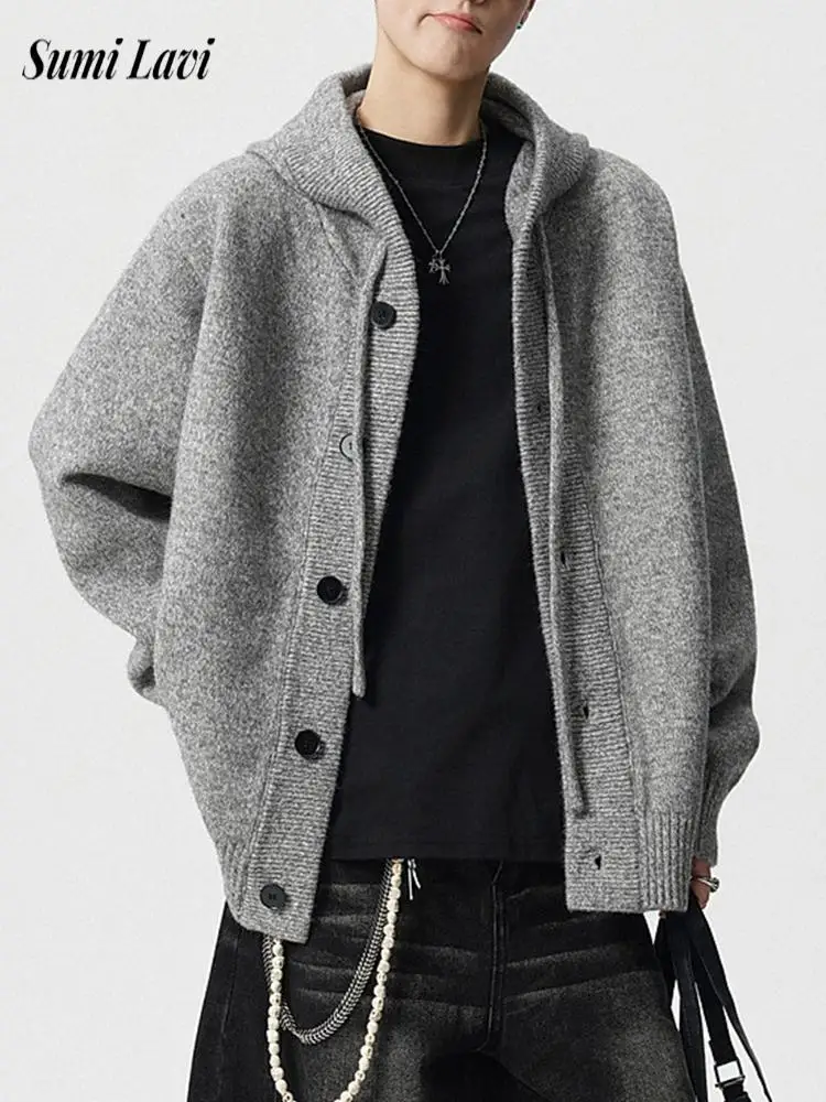 Daily Casual Solid Color Knitted Cardigan Mens Stylish Buttoned Outerwear Men Fall Winter Knit Long Sleeve Hooded Sweatshirts