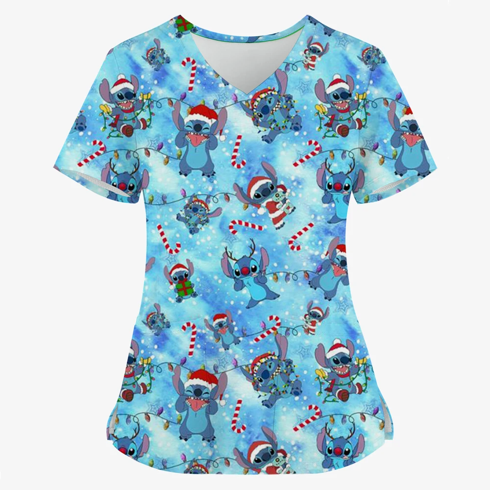 

T-shirt Summer Merry Christmas Woman Clothes Hospital Tops Disney Top Women 2024 Nurse Uniform Stitch T-shirts Tees Women's Top