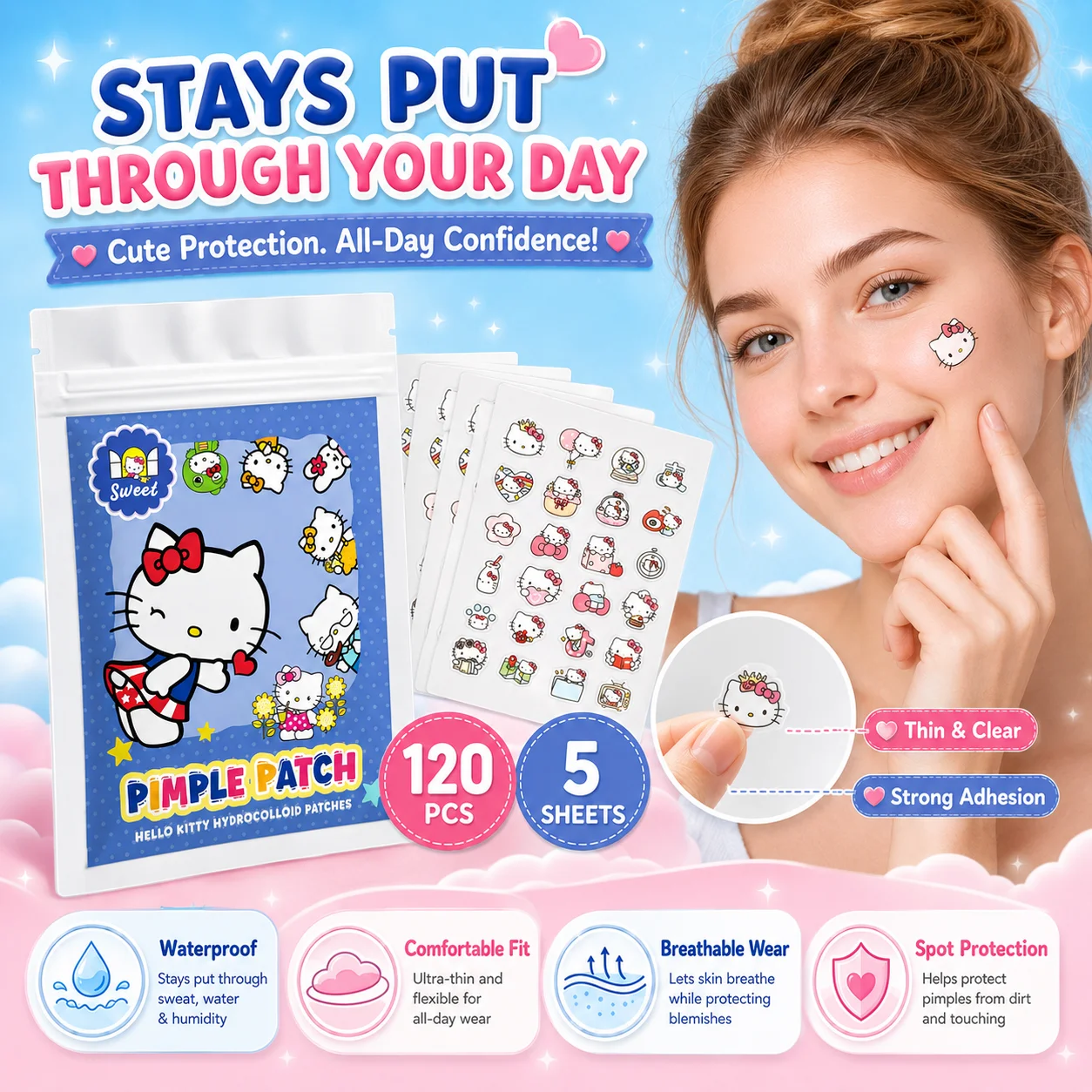 120PCS hello kitty Acne patches, facial acne patches, hydrogel acne removal patches, concealer view 6
