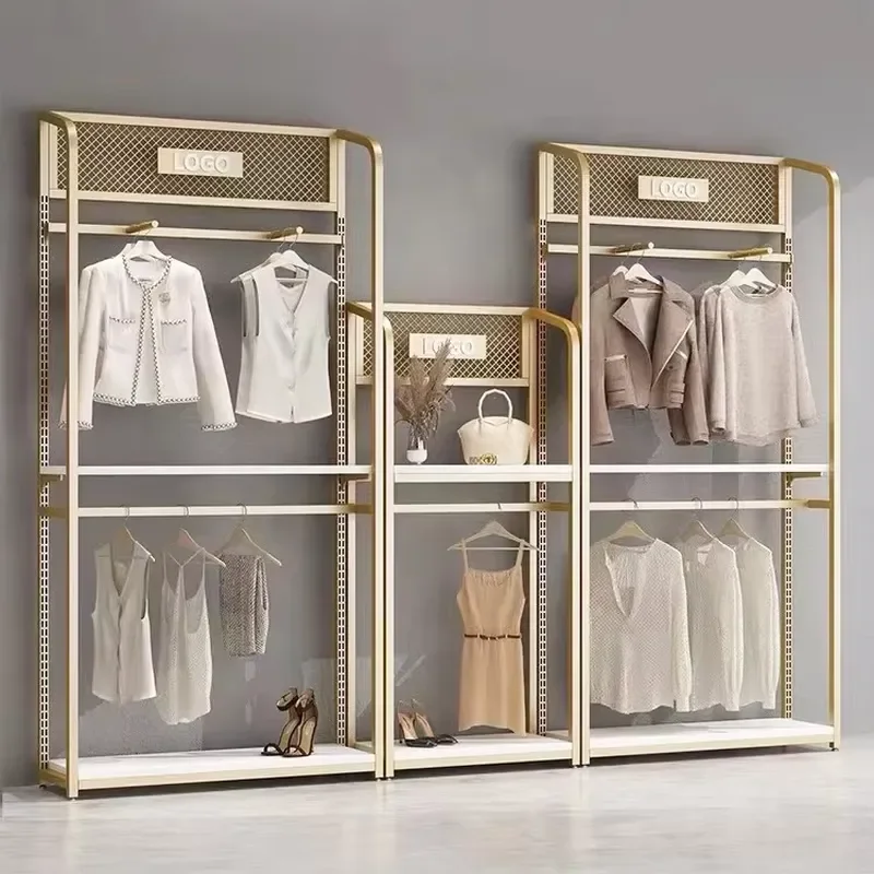 Custom Logo Boutique Gold Clothing Display Racks Men's Suit Garment Stand for Retail Store Free Design Women Clothes Shop