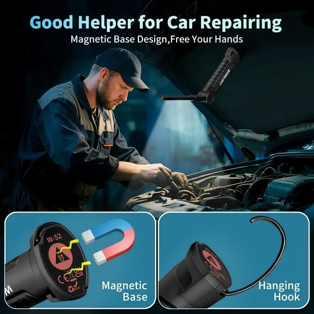 

COB LED Flashlight Rechargeable with Magnet & Hook Work Light Strong Light Waterproof Handheld Searchlight Night Work Outdoor