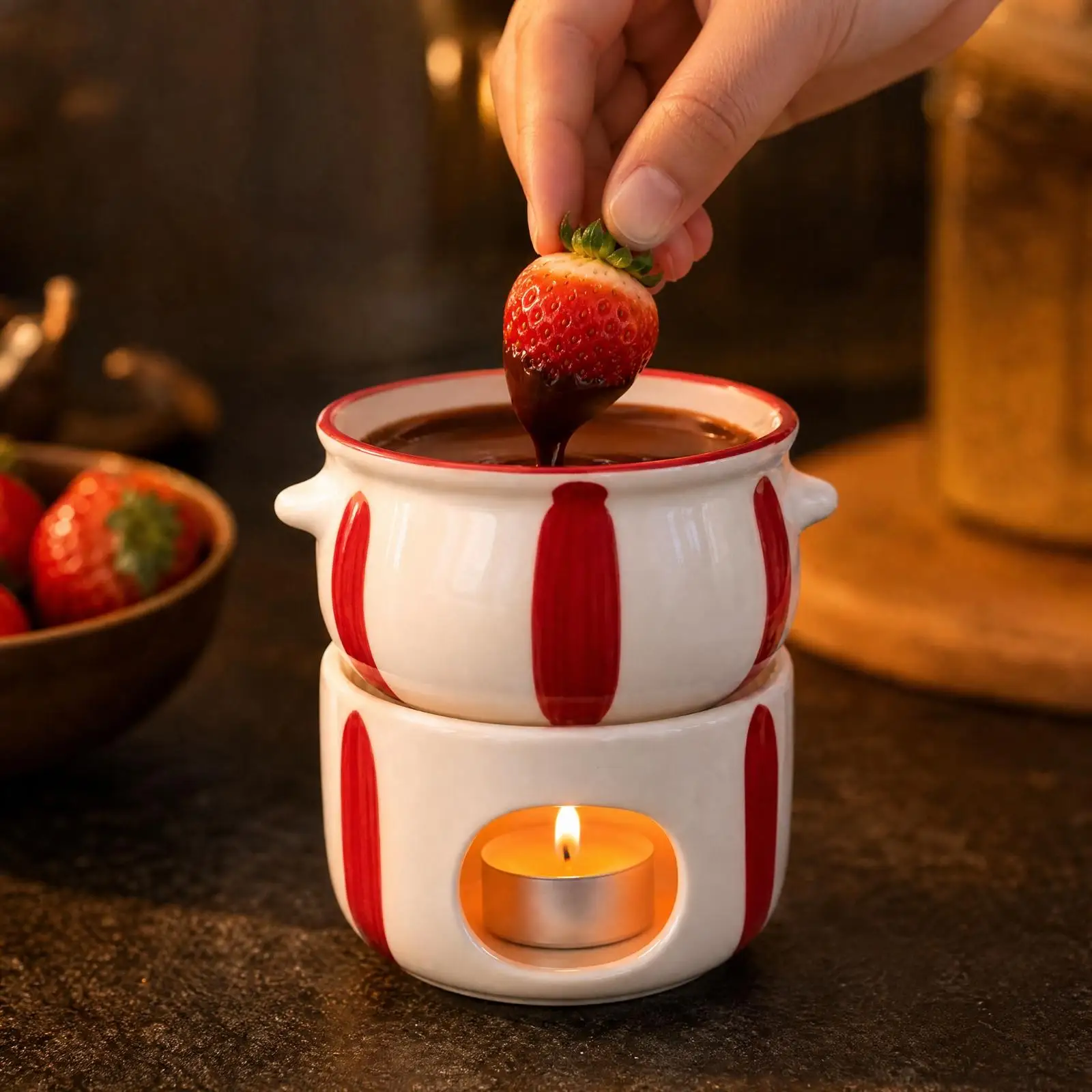 Ceramic Chocolate Fondue Melting Pot Hand-Painted for Fruit Dipping