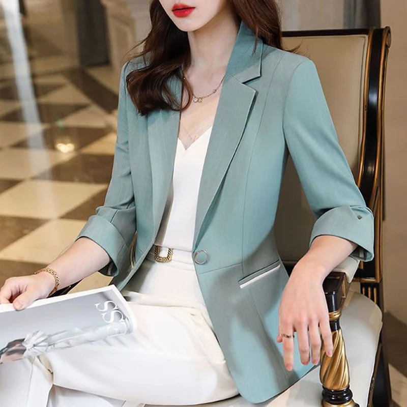 Spring Summer Women Elegant Business Casual Single Button Blazer Jacket Office Lady Notched Neck Solid 3/4 Sleeve Slim Suit Coat