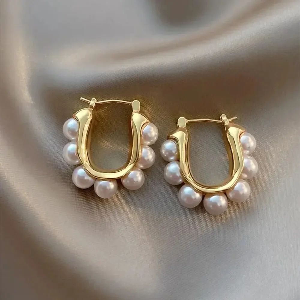 U-shaped Imitation Pearl Gold Color Hoop Earrings for Women Simple Versatile Elegant Luxury Premium Ear Accessories Wholesale