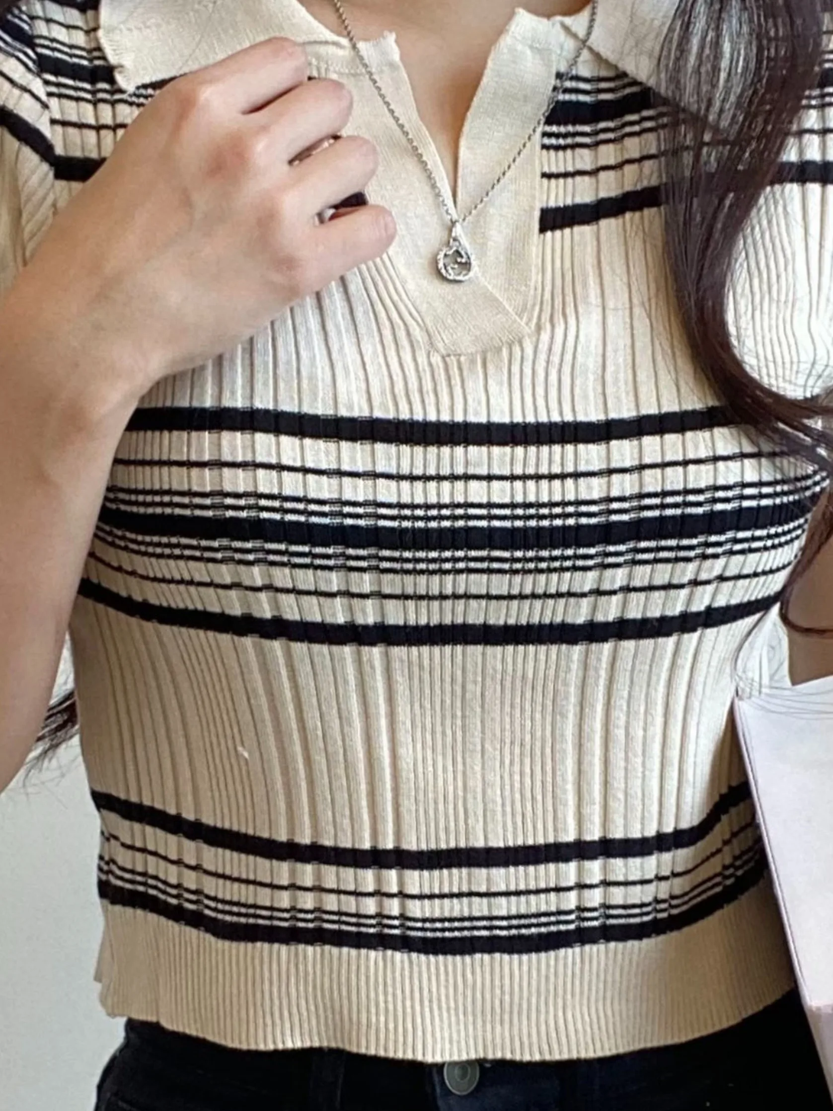 Unikalna amerykańska koszulka w stylu retro, słodko-pikantna, dzianinowa, damska letnia koszulka z designerskim wzorem w paski.