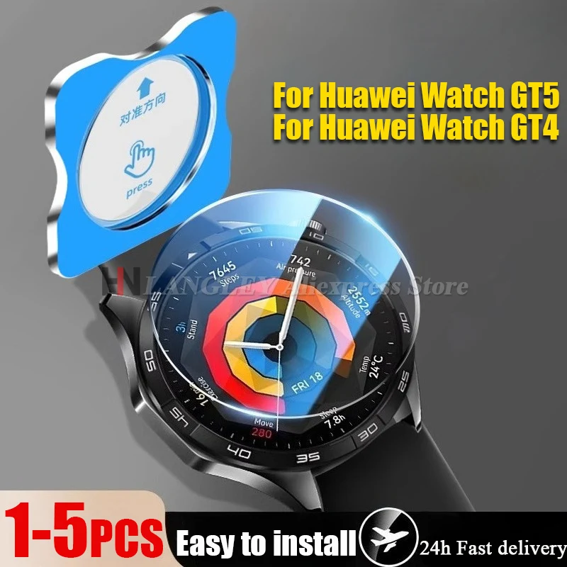 1-5pcs Tempered Glass For Huawei Watch GT 5 Pro 4 46mm 41mm One-Click Easy Quick Install Tool Screen Protector For Huawei Watch