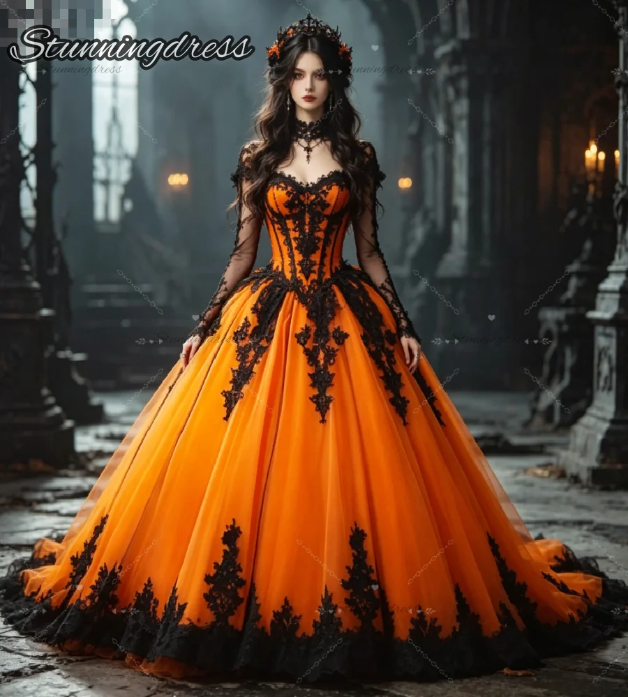 Halloween Gothic Orange Wedding Dress With Black Lace Vintage Alternative Long Sleeve Bridal Gowns Halloween Rustic Vestio Bodas