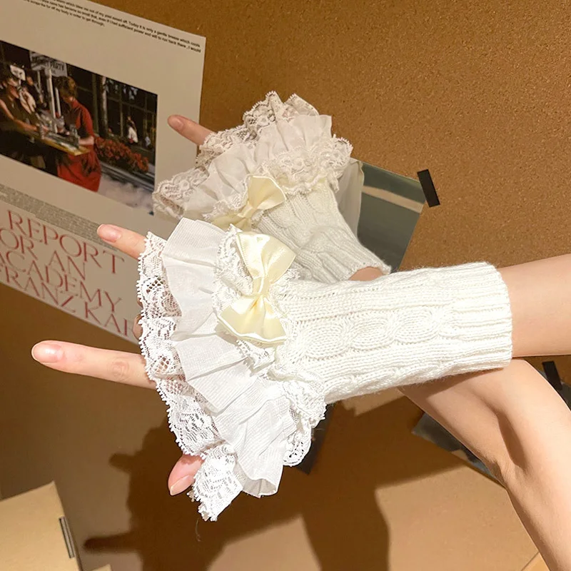 Lolita Bowknot Fake Sleeve for Women Girls Knitted Lace Ruffles Cuffs False Sleeves Gothic Fingerless Detachable Wrist Warmer