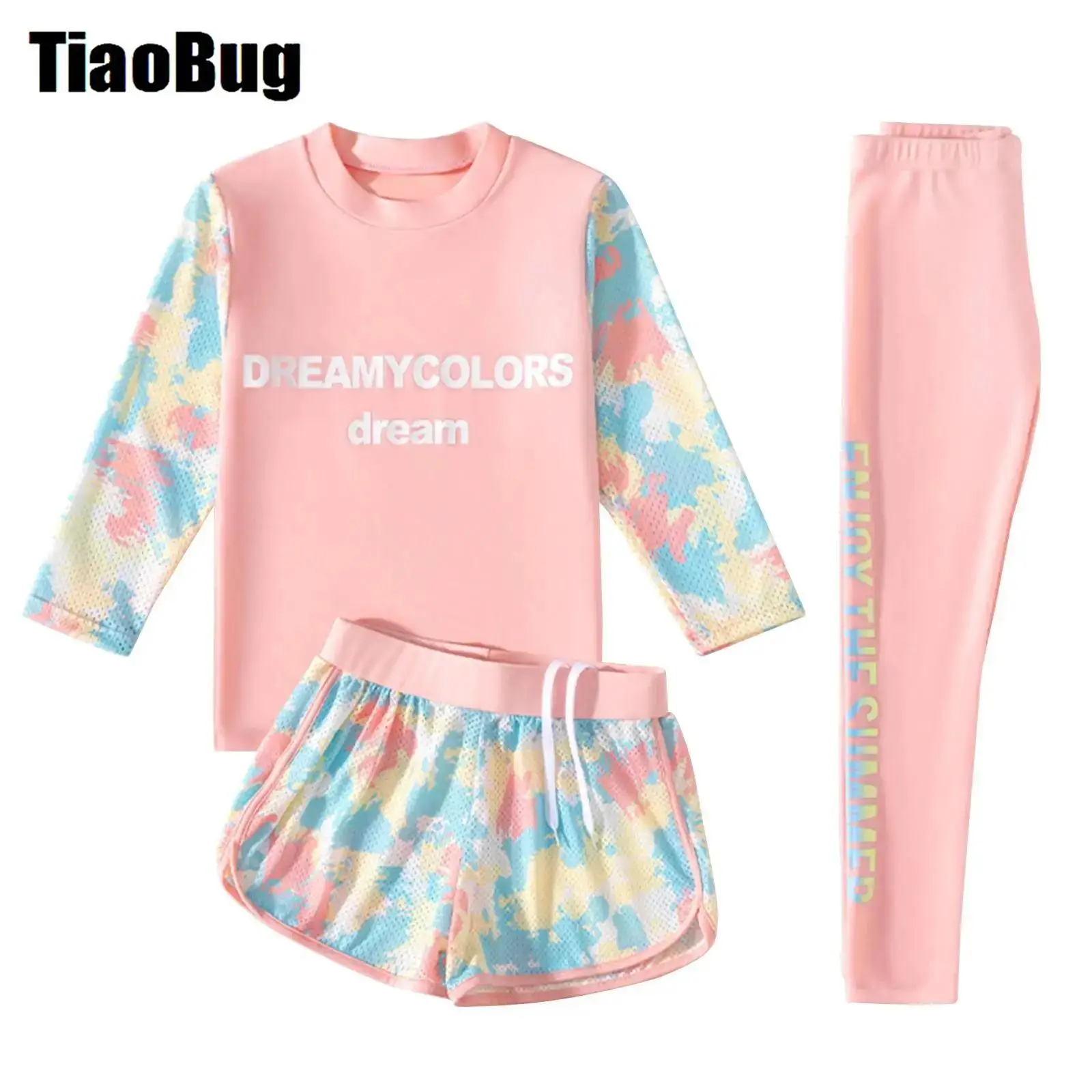 

Kids Girls Colorful Print Swimsuit Long Sleeve Top Shorts And Pants Set Sun Protection Rash Guard Swimwear