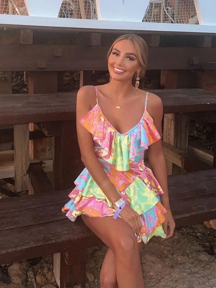 Karlofea Summer Female A Line Ruffles Mini Dress Going Out Rave Outfits Lovely Daily Robe Vintage Satin Print Vacation Outfits