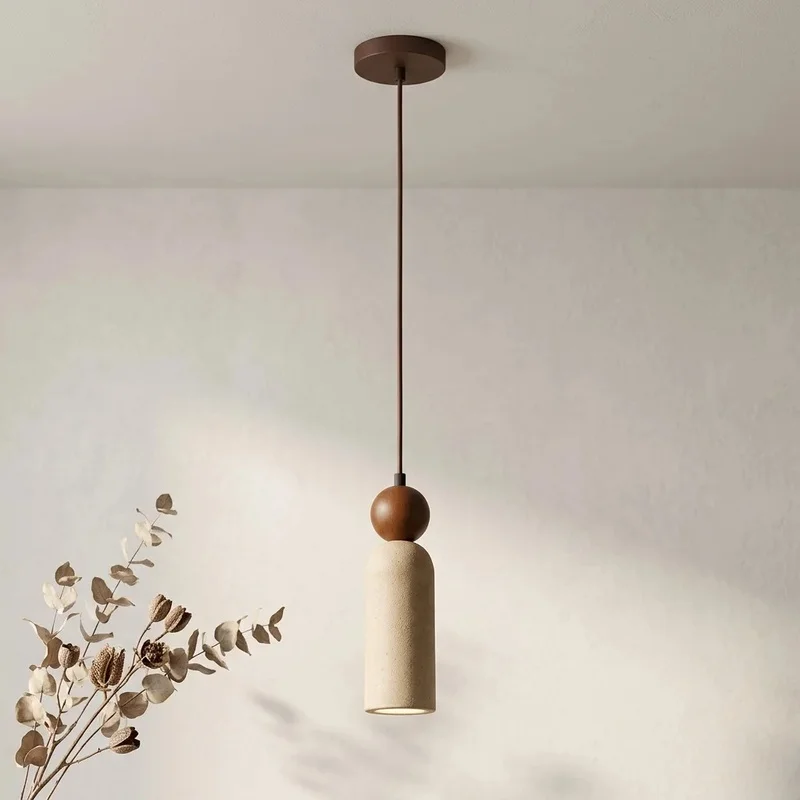 Minimalist Wabi Sabi Cement Pendant Light Wood Ball Single Hanging Lamp Kitchen Bedside Bar Counter