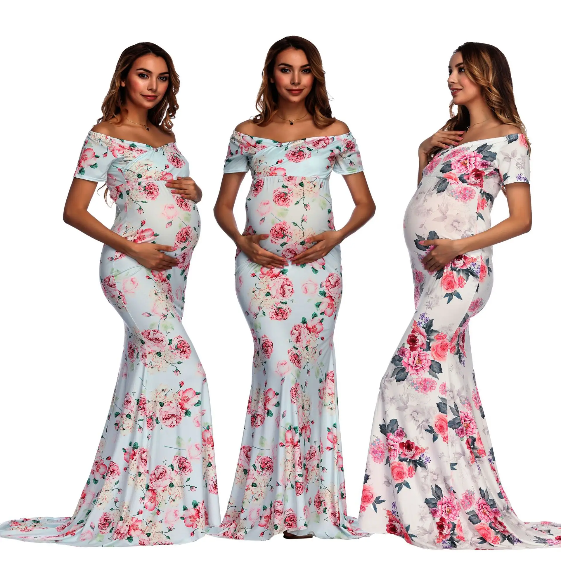 European American Printed Maternity Photoshoot Cross V-Neck Short Sleeve Train Maxi Dress Commemorative Youth Pregnancy Dress
