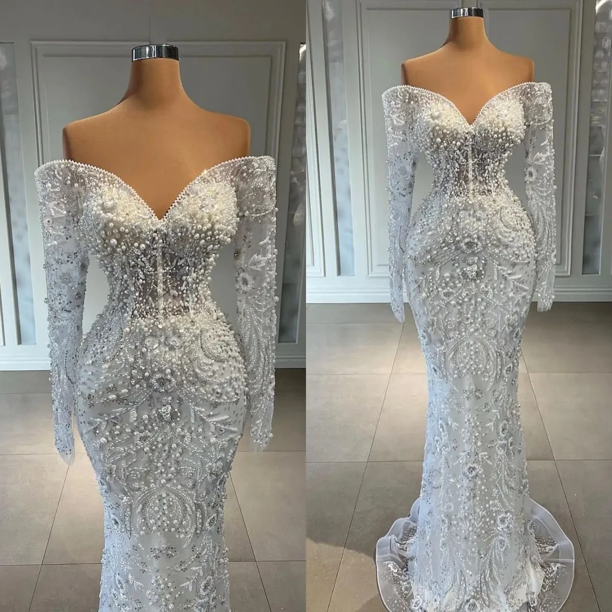 

Elegant Pearls Lace Wedding Gowns Applique Beading Bridal Dress Off Shoulder Rhinestone Custom Made Sweep Train Vestido de novia