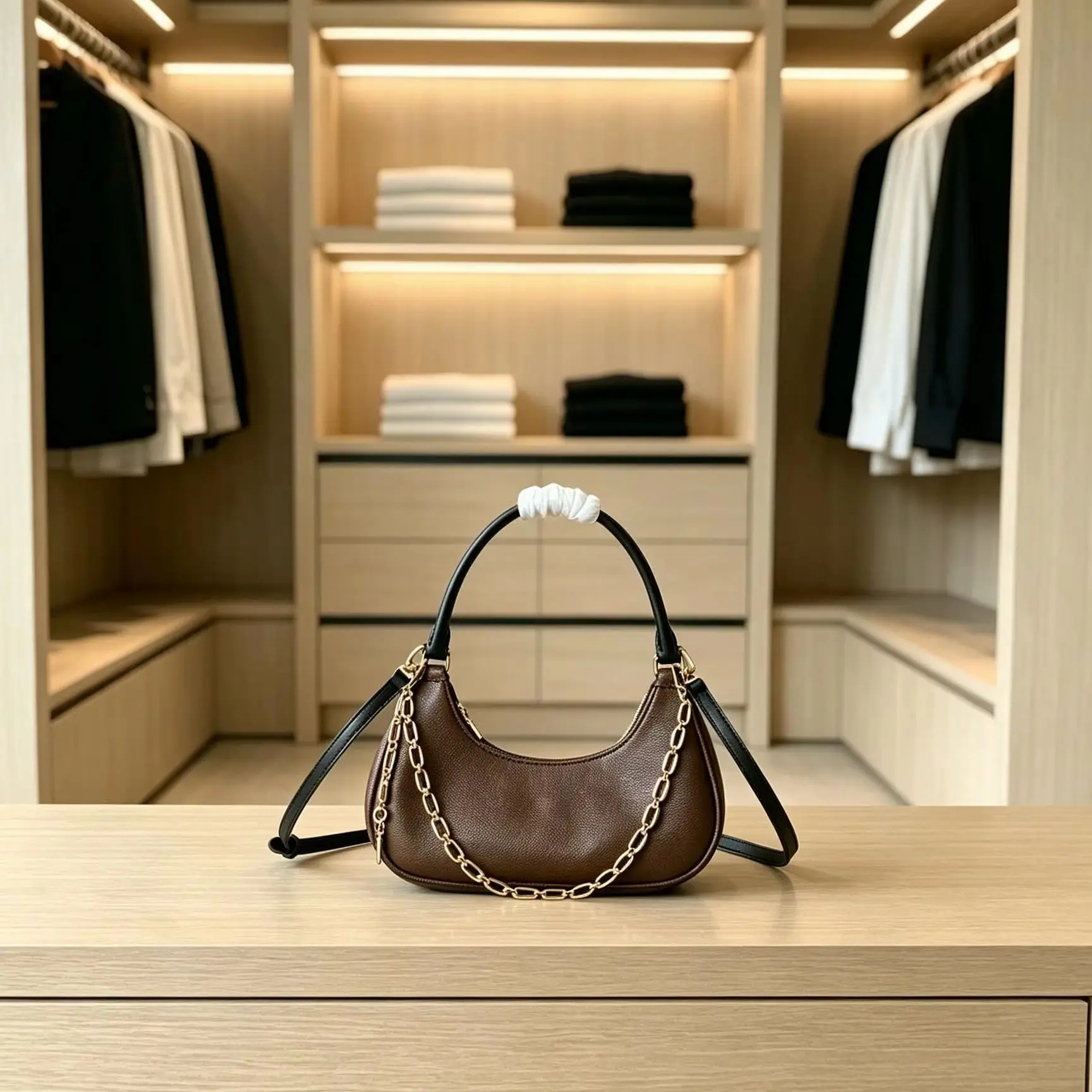 Brown Pebbled Leather Hobo Shoulder Bag for Women, Retro Crescent Underarm Handbag with Gold Chain Decor & Detachable Crossbody Strap