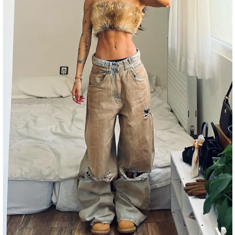 

2025 Wasteland High Street Old Jeans Broken Trend Loose Wide-leg Jeans