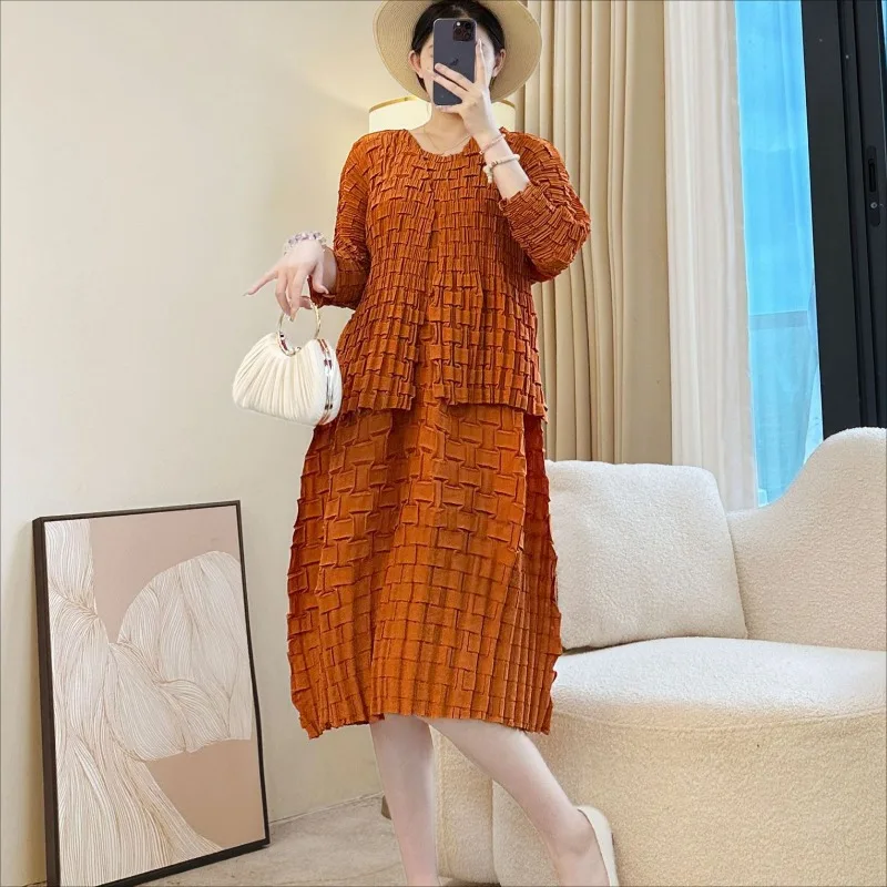 مياكي مطوي المرأة سترة علوية سترة طويلة الأكمام جديد بسط فستان أنيق 2 قطع كبيرة الحجم مزاجه أضعاف تنورة طويلة