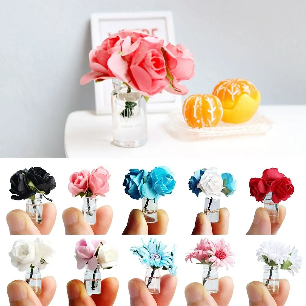 Multicolor Dollhouse Flower Vase 1/6 1/8 1/12 Doll Accessories Miniature Rose Bouquet Scene Model Micro Landscape