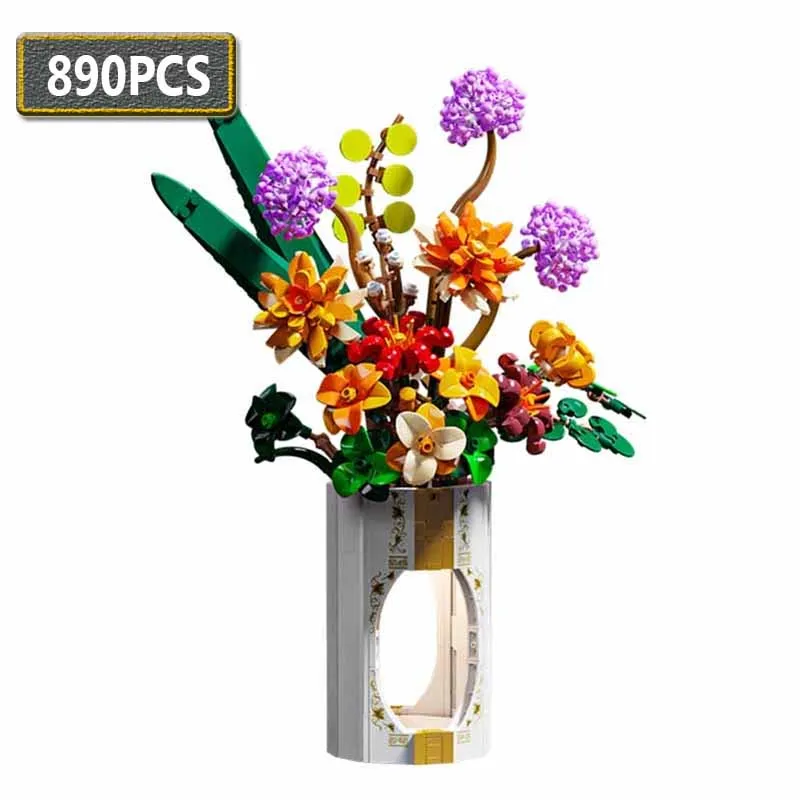 

890PCS Simulation Bouquet Rose House Decoration Creativity MOC Model Bricks Flowers Toy Building Block Gifts for Girls Adults