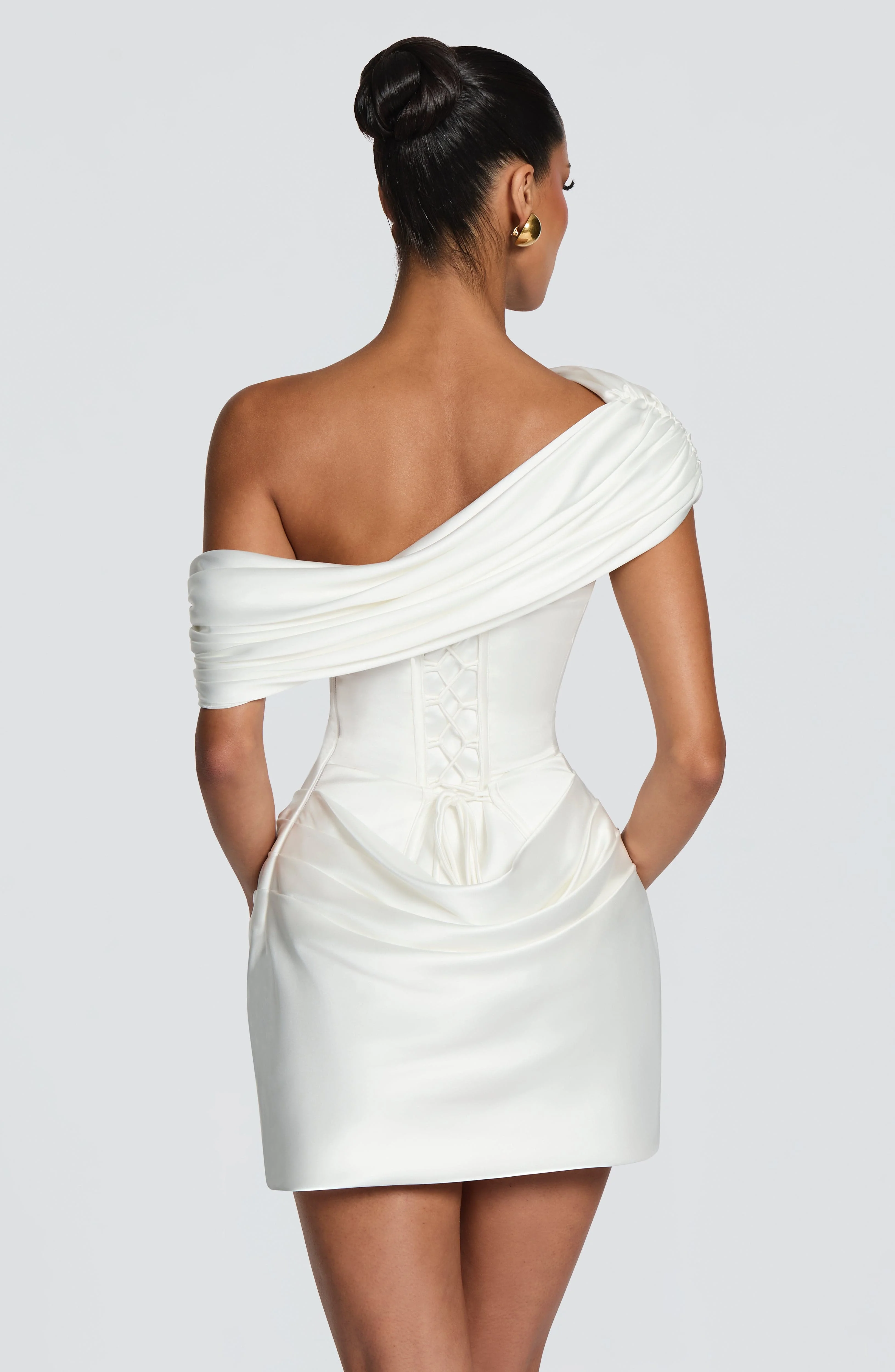 2 Styles White Satin Mini Dress One Shoulder Strapless Corset Ruched Bodycon Short Dress Cocktail Bachelorette Party Gown view 3