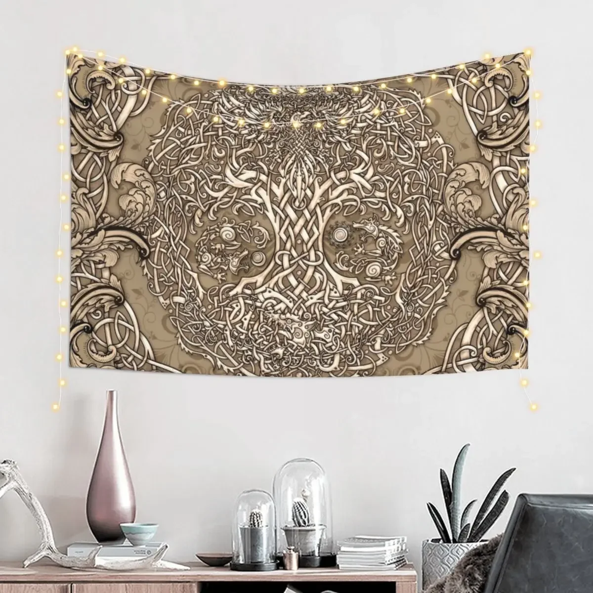 Yggdrasil, Viking Tree of Life - Beige and Cream Tapestry Bedroom Deco Wall Decoration Items Wall Carpet Tapestry