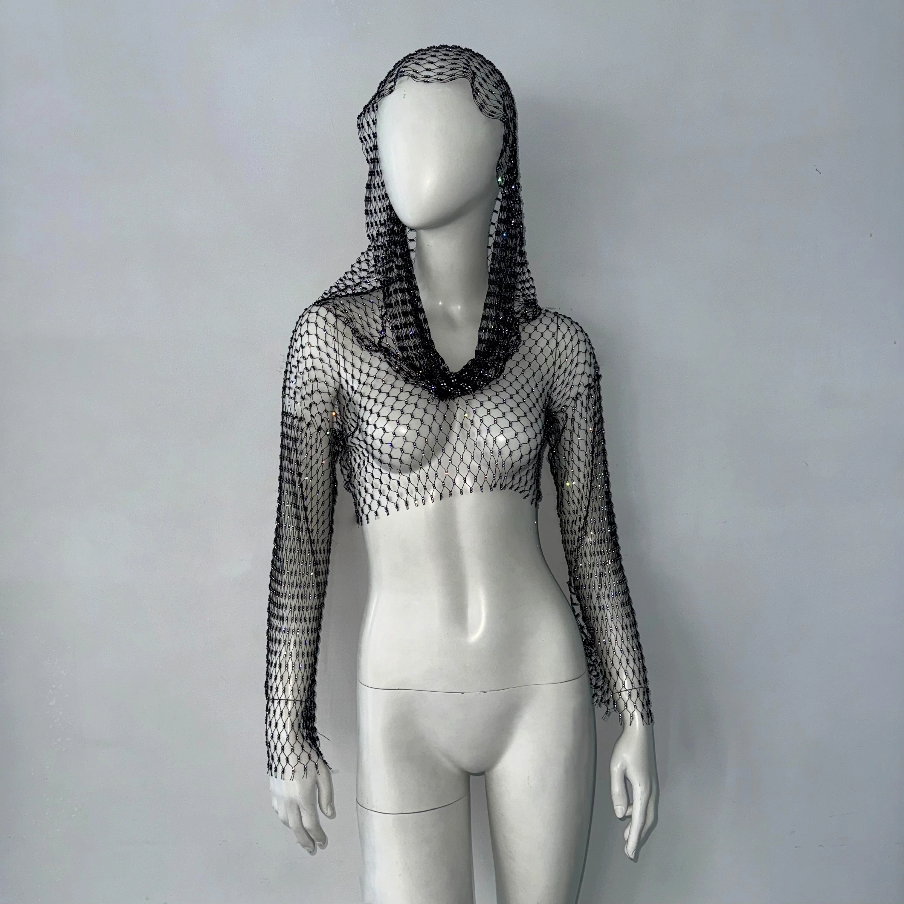 Women Hollow Mesh Hooded Crop Top Shiny Rhinestone See Through Fishnet Long Sleeve V Neck T Shirt Rave Party Club Cover Up