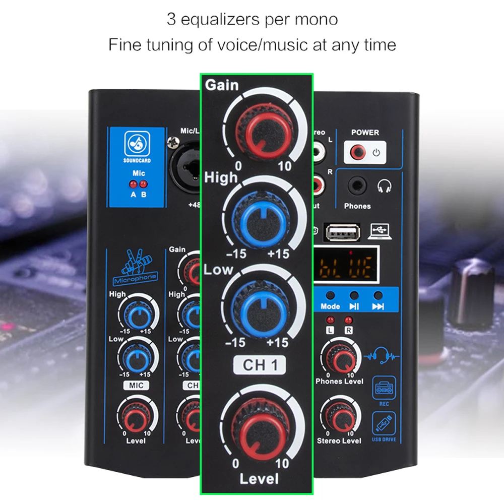 5 Channel USB Audio Mixer with Wireless Microphone Studio Sound Mixers Bluetooth-compatible REC DJ Console Mixing for Karaoke