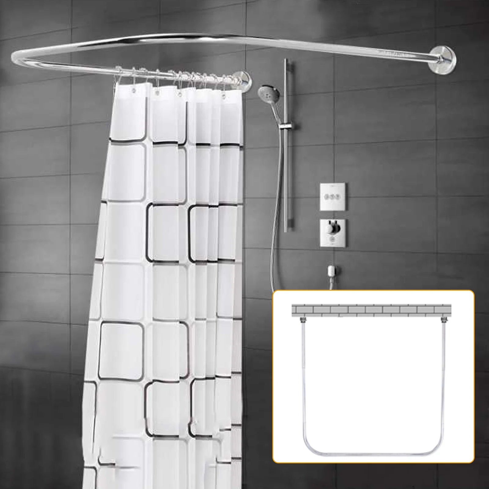 Shower Curtain Rail Kit U-Shape 304 Stainless Steel Shower Rail Curved Bath Curtain Rail Bathroom for Shower Curtain Bath Rail