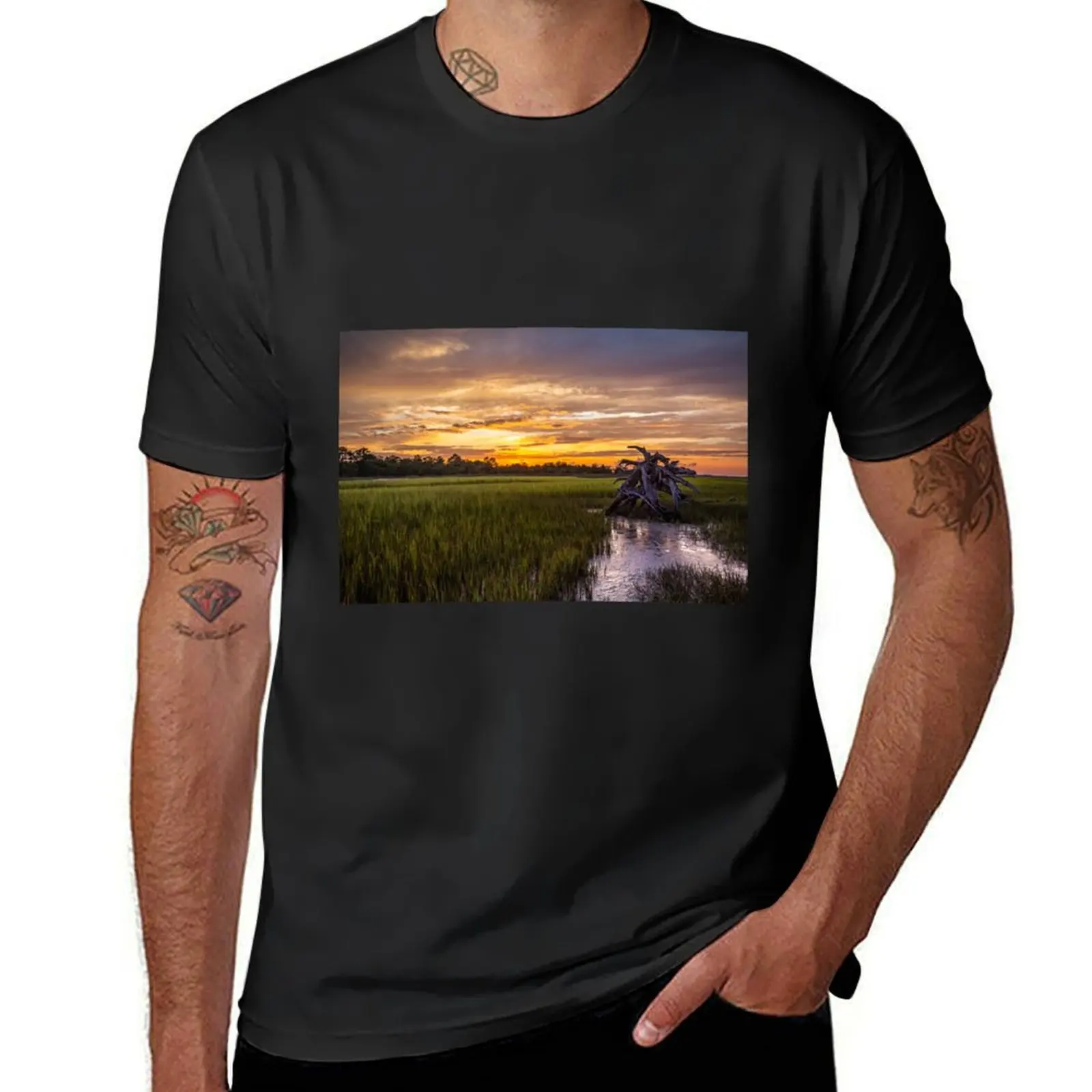 Lowcountry - Salt Marsh at Sunset in South Carolina T-Shirt anime plus sizes mens clothing