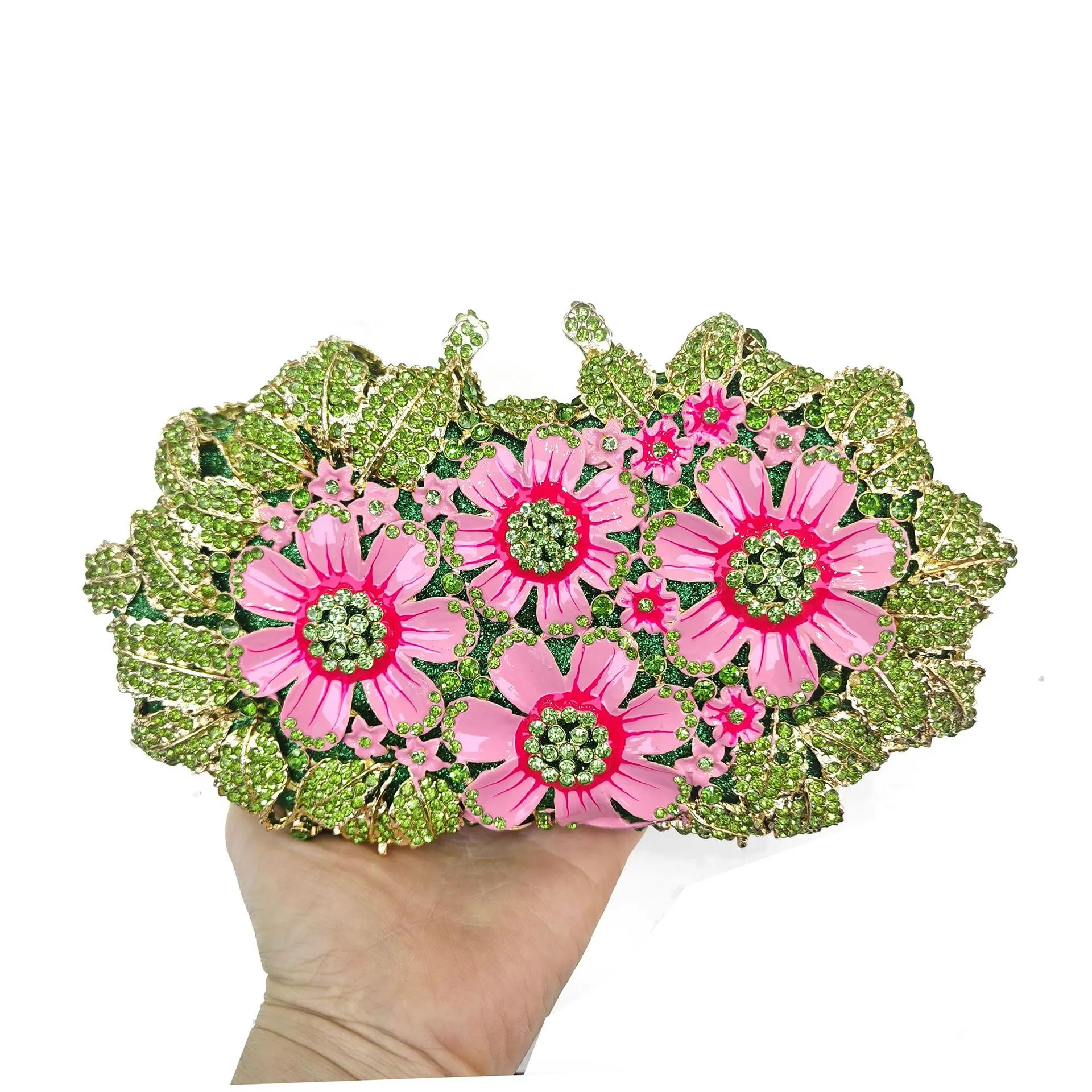 Bolso de mano de cristal con flores rosas en 3D, bolso verde para mujer, bolsos de noche, bolso de mano con diamantes, caja de metal para mujer, Minaudiere, bolsos para fiesta de boda y cena
