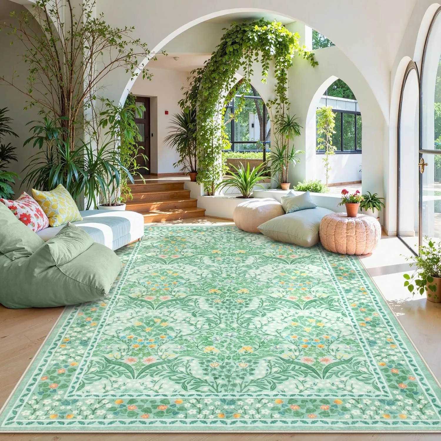 

Sage Green Living Room Carpet Large Machine Washable Rug Bedroom Bedside Floor Mat Home Decoration Bohemian Flower Non-Slip Rugs