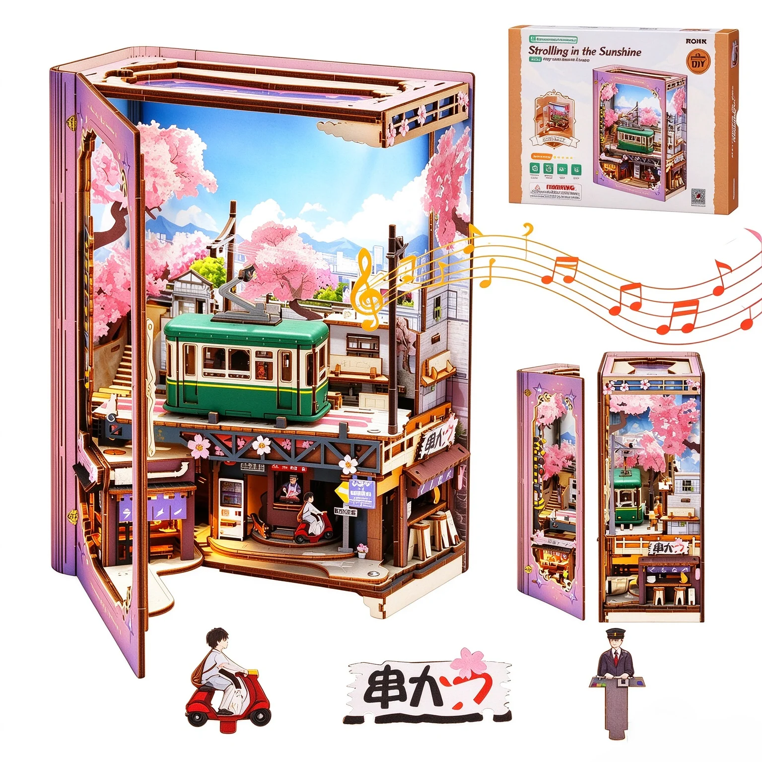 ROKR Wooden Bookends 3D Puzzle - Strolling in The Sunshine DIY Book Nook Craft Kit with LED Light for Bookshelf Decor 90° Openable Cherry Blossom Tram Ideal Holiday Gift