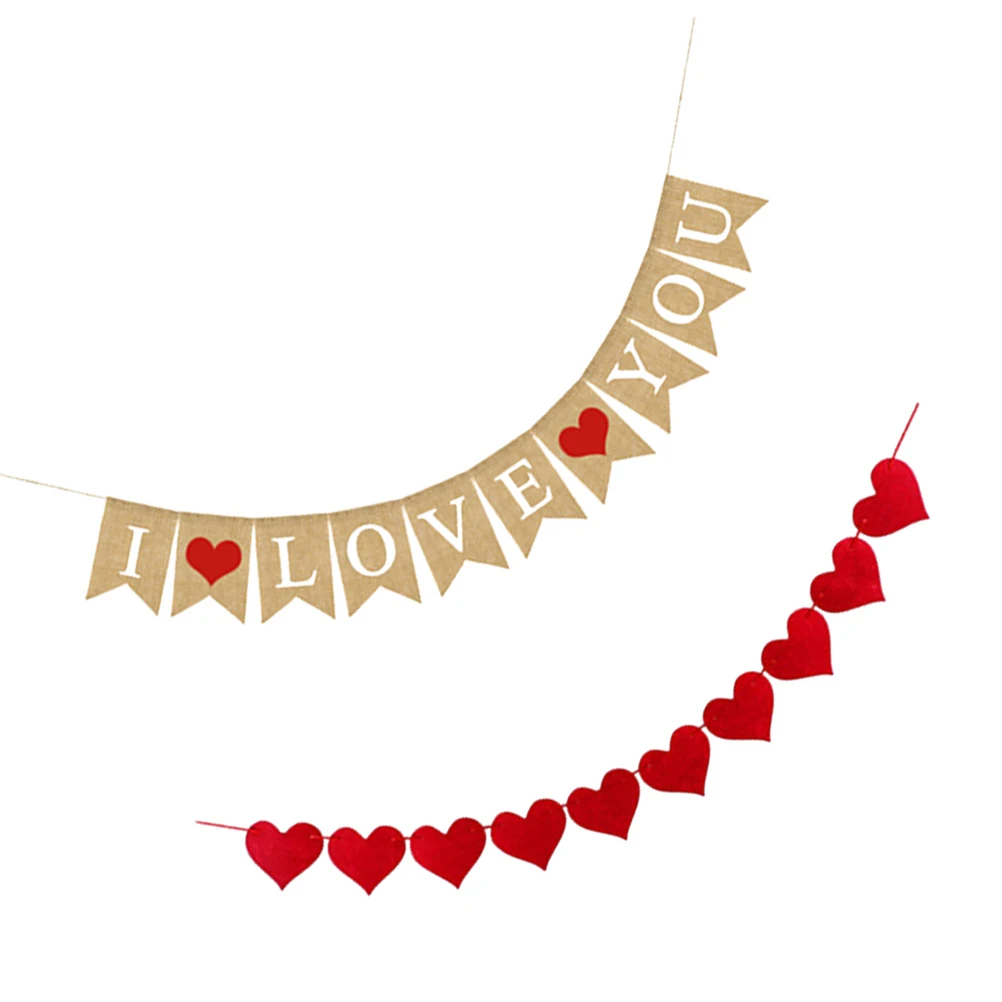 

2 pcs Heart Shape Banners Red Brown Linen Pendants Valentine'S Day Hanging Ornaments Creative Pull Flags Wedding Party